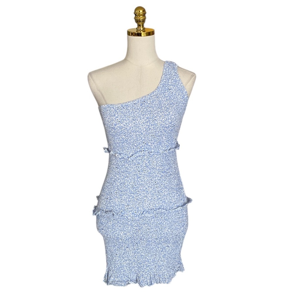 Princess Polly Elza Blue & White Floral Shirred One Shoulder Mini Dress Size 6 - Picture 5 of 10
